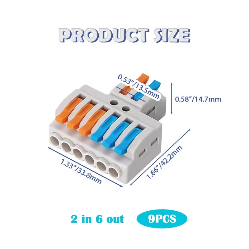 Tugermoola 9PCS Lever Wire Connectors Quick Wiring Cable Connector Electrical Lever Wire Cable Connectors Push-in Conductor Terminal Blocks (2 in 6 Out) - Image 2